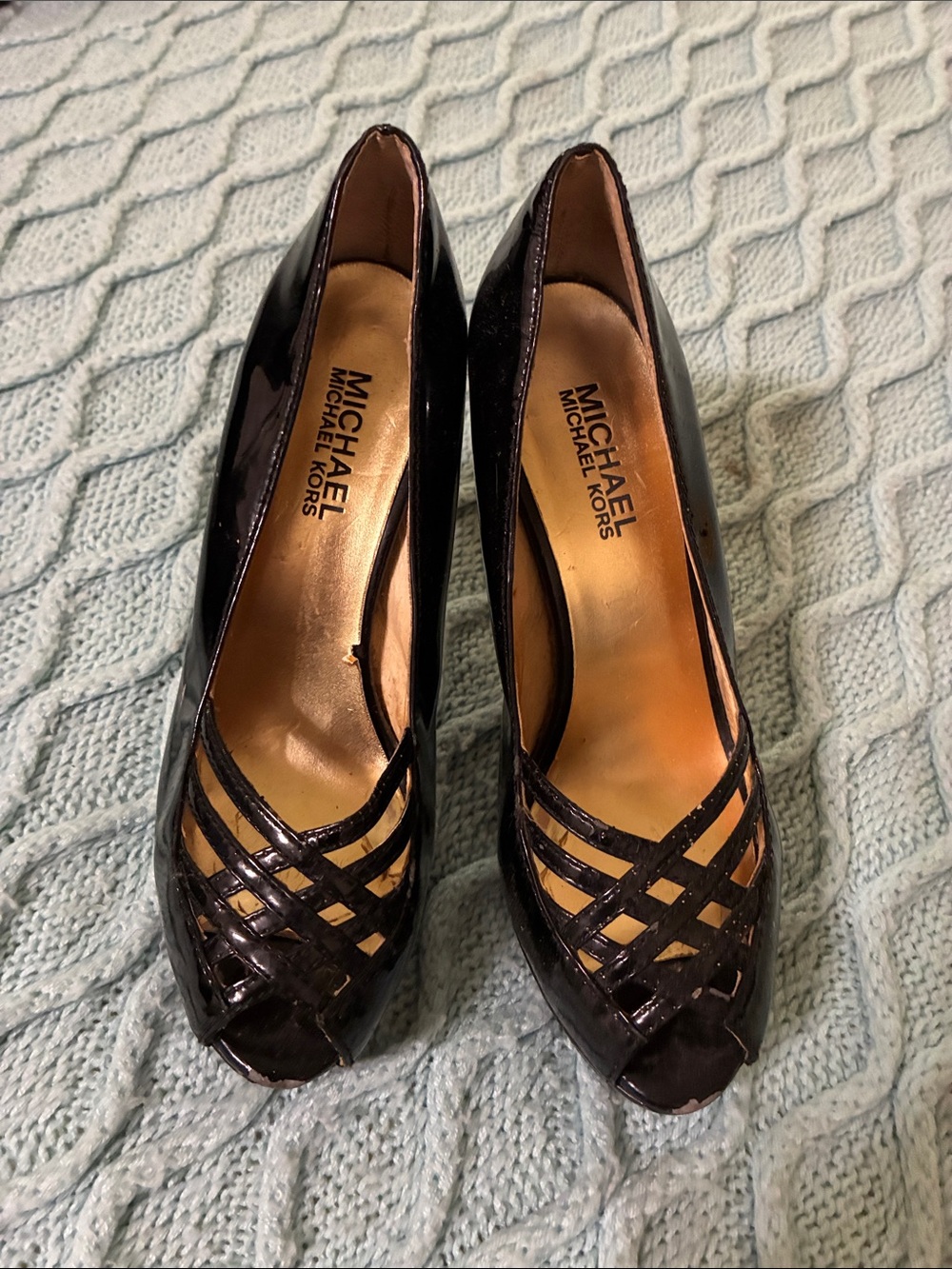 Michael Kors Black Patent Woven Peep-Toe Heels